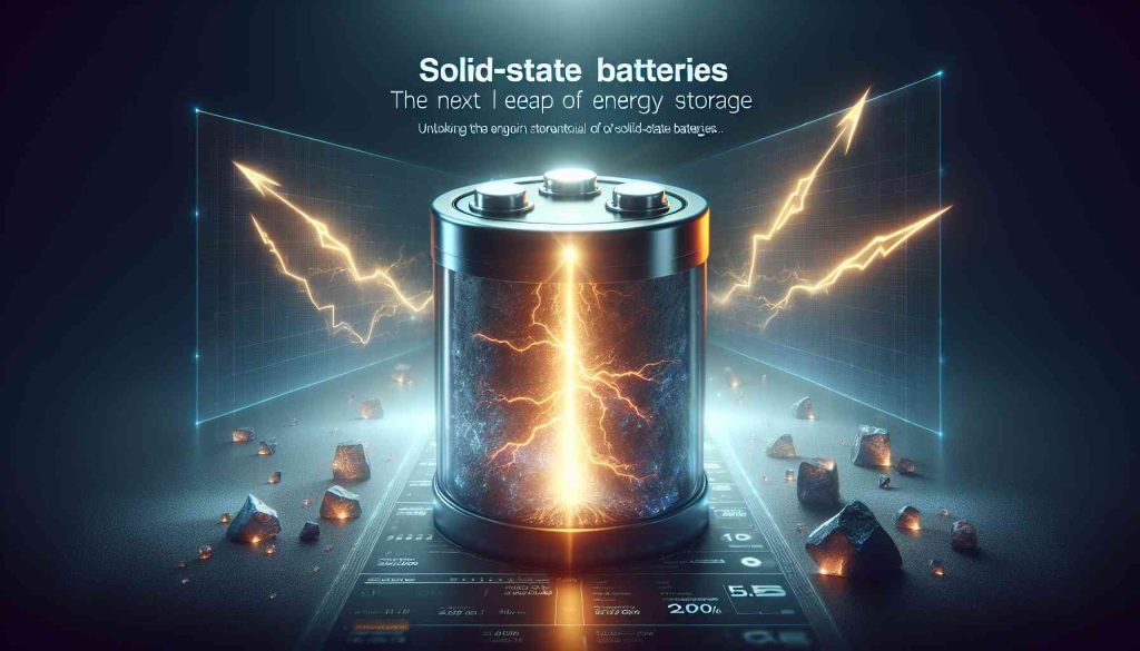 Realistic high-definition image showcasing the concept of advancing energy storage through unlocking the potential of solid-state batteries. Visualize a battery, glow emanating from within to symbolize its immense potential. Lightning bolts express the intense energy it can deliver. The background could display a graphical representation of energy levels rising, to signify a leap forward in technology. Text reading, 'Solid-state Batteries: The Next Leap in Energy Storage' could be superimposed on the image.