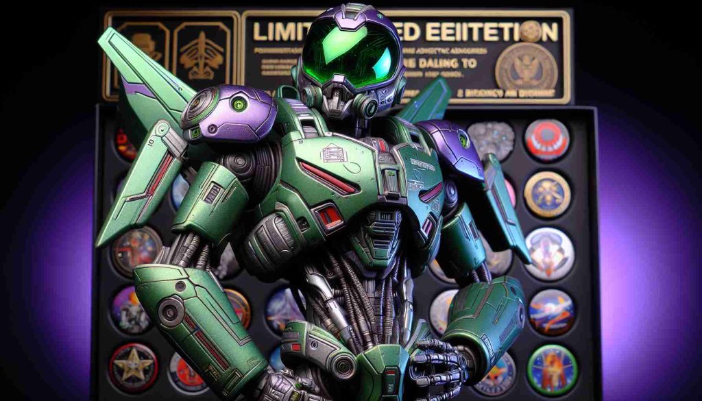 A highly realistic, high-definition image of a robot, reminiscent of a popular intergalactic adventure character from an animated film. The robot boasts a green and purple color scheme, with a futuristic design incorporating elements such as a tech-infused suit, retractable wings, a dome-shaped helmet, and a symbolic emblem on his chest. The expression on the robot's face reflects determination and dedication to its mission. Limited edition collector badges can be seen in the background, symbolizing the passion of collection enthusiasts dreaming of taking their hobby to infinity and beyond.
