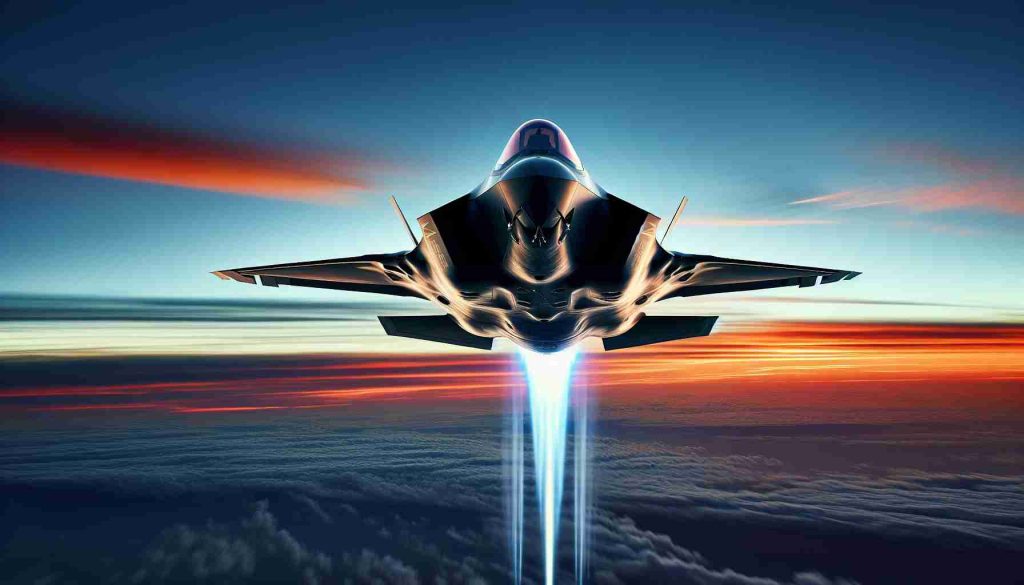 Generate a high-definition, realistic image of a futuristic single-seater fighter aircraft streaking across the sky, signifying a new speed record. The aircraft's design resembles the F-35 Lightning II with its distinctive pointed nose, angular wings and powerful engine. It is clear skied with the aircraft creating a sonic boom, with the backdrop being a rare mix of the sunset's fiery orange and the dusk's tranquil navy blue. The shot is taken from a distance and the aircraft exhibits a roundel but there is neither identification number nor insignia to hint on any specific affiliation.