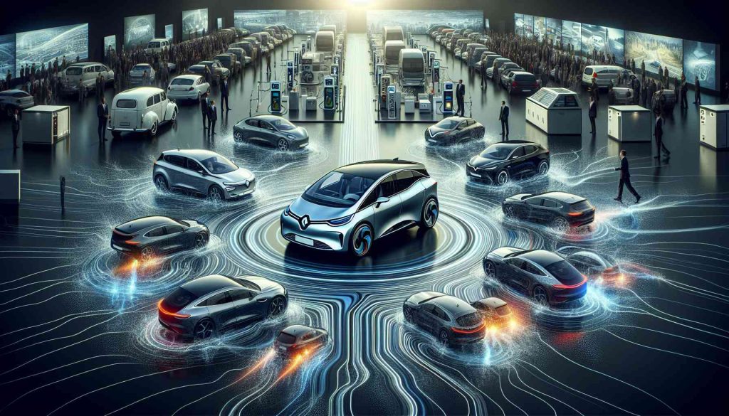 A highly detailed, high-definition image illustrating the emergence and impact of electric cars launched by a generic automobile manufacturing company, inspired by Renault, in the modern automotive landscape. The scene captures various electric automobiles on display, showcasing their sleek design and advanced features. Their ripple effect in the automotive industry is metaphorically represented by ripples spreading outwards from the cars on a symbolic road map that includes competitor cars, charging stations, and a moving into a sustainable future.