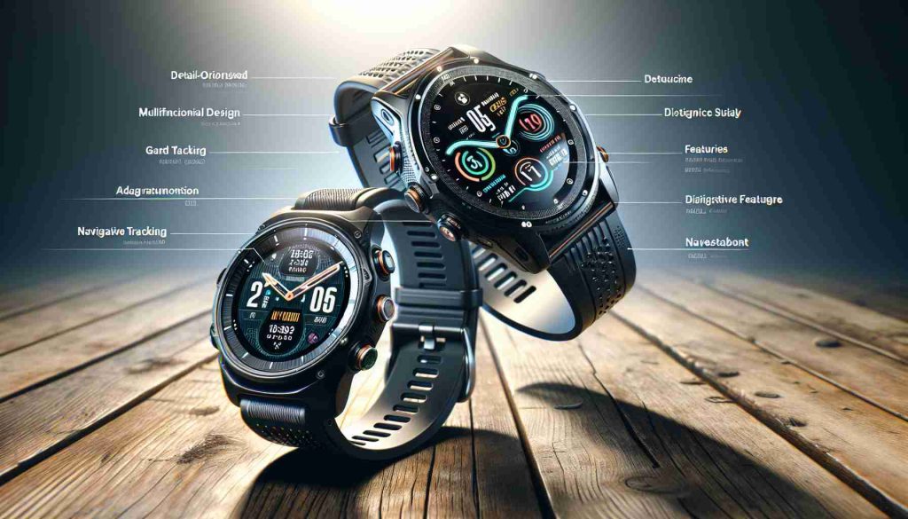 High-definition realistic illustration depicting a comparative analysis between two leading GPS watch brands. One watch is labeled as 'Brand A' and shows detail-oriented design with multifunctional buttons, a large digital display, and distinctive features making it suitable for navigation tracking. The second watch, labeled as 'Brand B', would also show meticulous design, featuring advanced technology, fitness tracking sensors, and a durable wristband. Both watches are seen side by side on a wooden table under natural lighting and their specifications are enumerated around them.