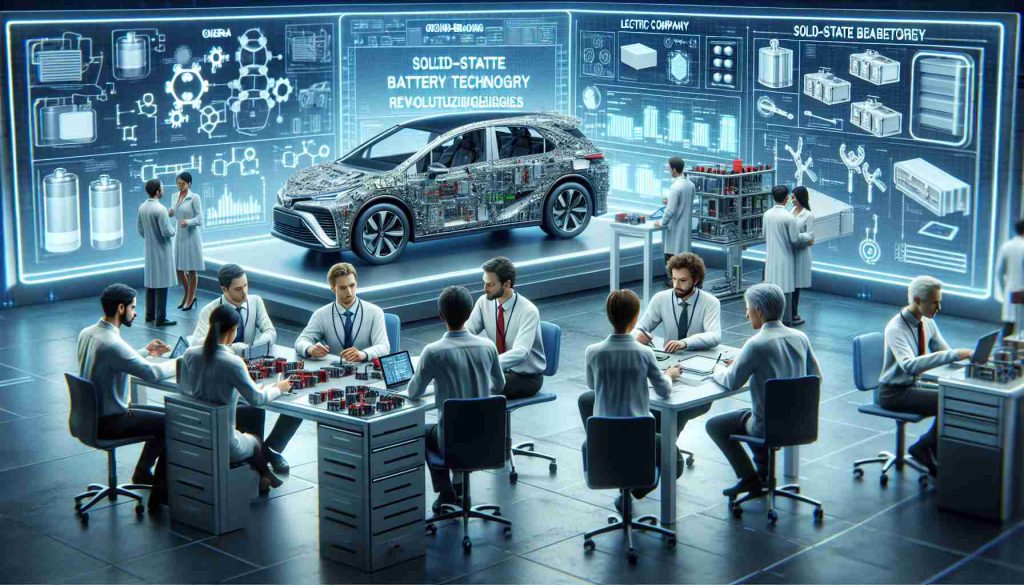 A high-definition, realistic image depicting a collaborative scene between a generic solid-state battery company and an automobile company, similar to Toyota. Show engineers of different genders and descents working together on advanced solid-state battery technologies designed to revolutionize electric vehicles. The setting should be in a high-tech lab environment filled with advanced machines, circuit diagrams, and prototype batteries. Surround them with elements indicative of ground-breaking technological advancements in the electric vehicles industry.