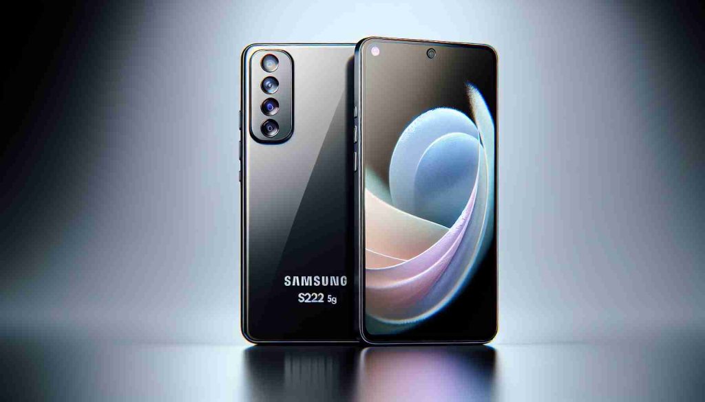 Create a realistic, high-definition image of the Samsung Galaxy S22 5G. Include various elements, such as its sleek design, impressive camera lenses, the large and clear display screen, and subtle logotype. Depict the smartphone on a smooth surface with soft lighting reflecting on its glossy surface.