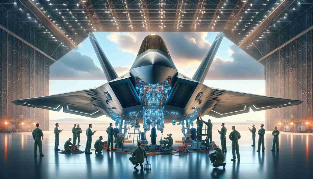 Generate a hyper-realistic high-definition image depicting the process of enhancing a F-22 Raptor stealth fighter jet, akin to upgrading a stealthy, predatory bird. Picture it at an airplane hangar, surrounded by a team of technicians of varying descents and genders. Show the plane standing tall and majestic, displaying its sleek, aerodynamic shape. Around it, the team of mechanics and engineers is studiously working on enhancing its operational features using advanced technology. Please include intricate details in the modifications like high-tech avionics, upgraded engines, and advanced weaponry.