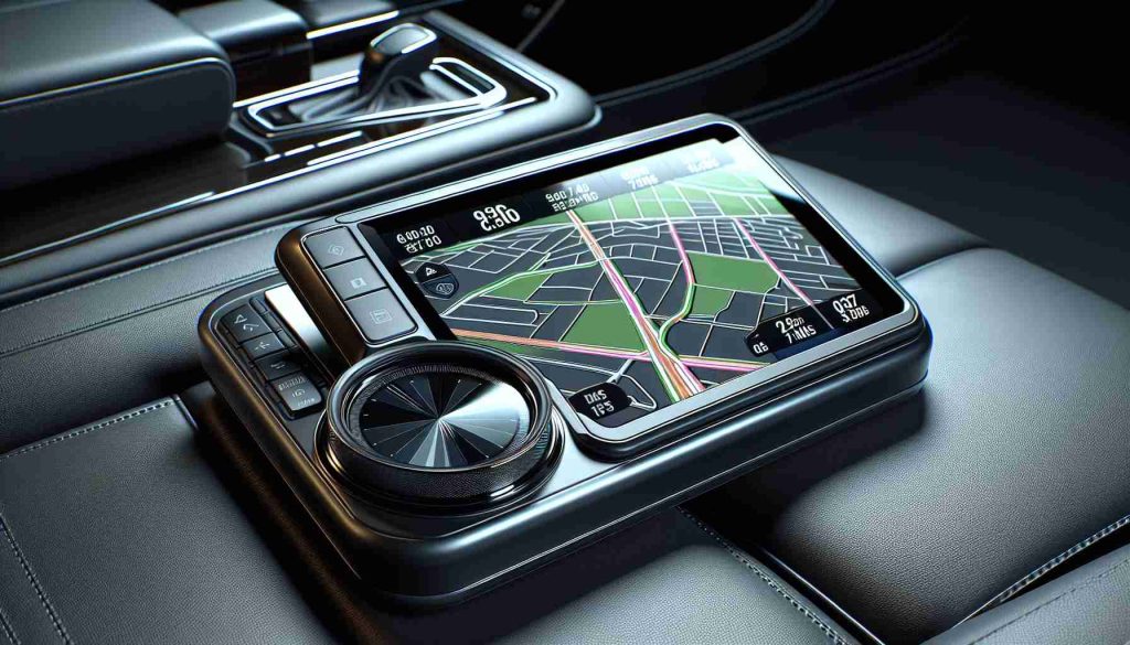 A realistic high-definition image of a state-of-the-art GPS navigation system, closely resembling the advanced models available in the market. This device boasts a sleek design and a large, crystal clear display. These navigation systems are renowned for revolutionizing navigation and driver assistance with their innovative features like voice command, real-time traffic updates, and driver alerts for nearby safety cameras, speed limits, upcoming turns and so on.