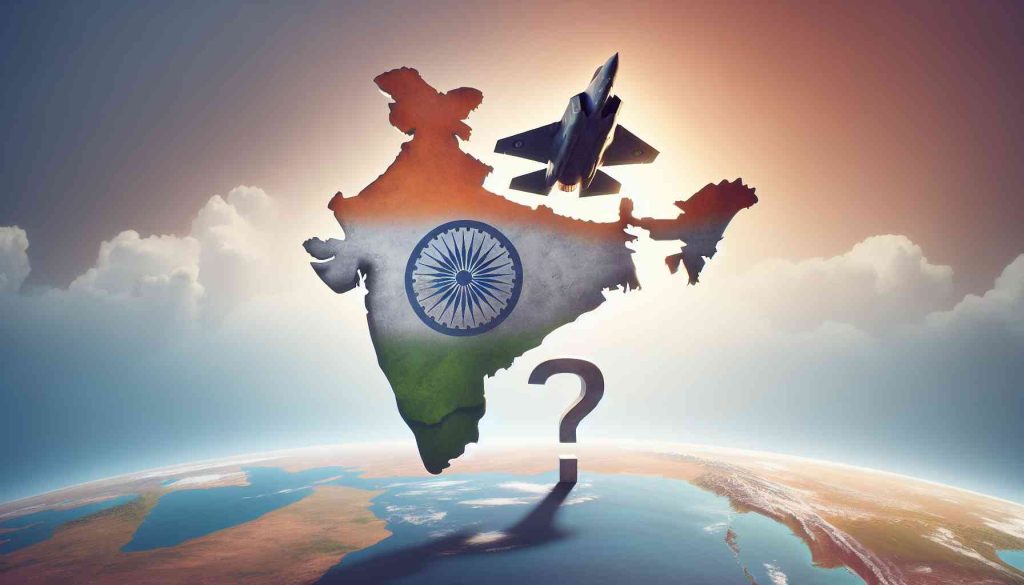 Realistic high-definition image of a conceptual representation of the question 'Why doesn't India buy F-35?'. The image should consist of a map of India in the center, overlaid by a faded, but clearly distinguishable question mark. In the background, there should be a silhouette of an F-35 fighter jet in mid-flight. The entire composition should be in a tasteful combination of colors that brings attention to the central theme.