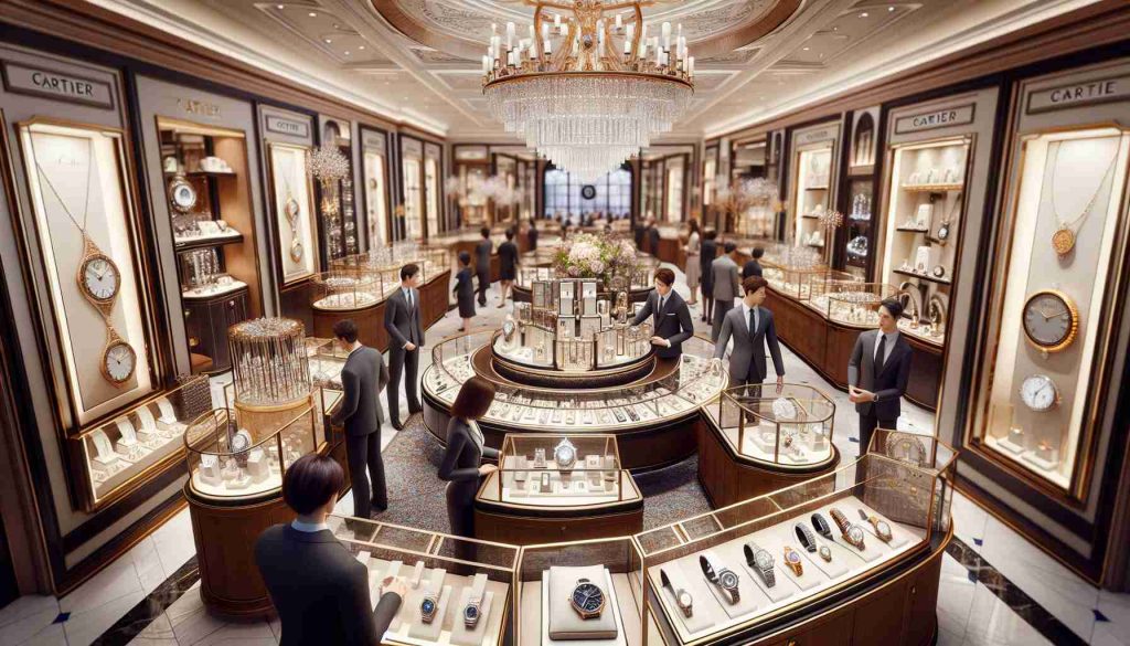 Create a detailed and realistic HD image of a bustling high-end jewelry store filled with exquisite timepieces and elegant accessories. The store is impeccably designed with polished wooden counters displaying various intricate watches and sparkly adornments. Glimpses of the brand name 'Cartier' can be seen etched on some of the displays. Now imagine store employees, each of diverse race and gender, dressed in smart attire, engaging with a diverse group of customers of various descent and gender, all browsing through different sections of the store.