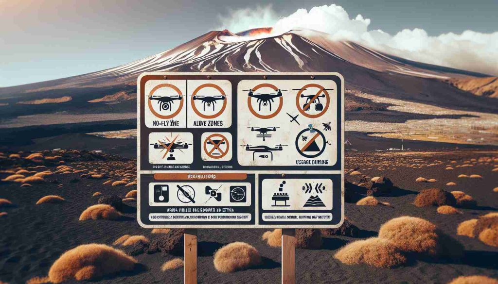 Generate a high-definition, realistic image that depicts the regulations of drone usage around Mount Etna. The picture should have volcanic landscapes in the backdrop with signage or infographic elements that clearly indicate these rules. There could be images of drones flying or being grounded as examples. There might be restrictions signs like no-fly zones, altitude limits, or usage during specific weather conditions. The colour palette should be natural, with earthy volcanic hues of Mount Etna mixed with the technical details and symbols of the regulations.