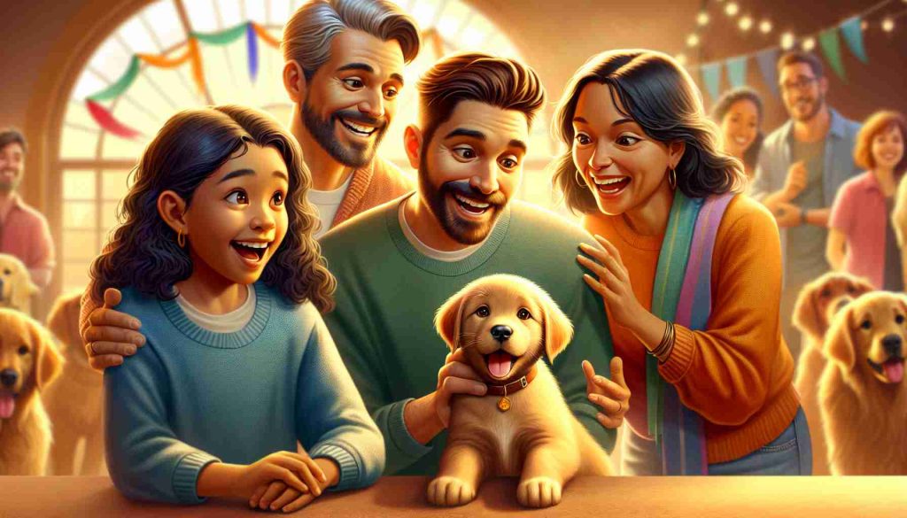 Create a high-quality, hyper-realistic image depicting the moment of discovering the perfect family dog companion. Show a diverse family of four, where the father is of Hispanic descent, the mother is of South Asian descent, and their two children, a boy and a girl, are mixed-race. They're all in an animal adoption center, filled with excitement and joy as they meet a friendly and adorable Golden Retriever puppy for the first time. The dog is wagging its tail and looking at the family with bright, loving eyes. The surrounding setting should be warm and welcoming, symbolizing the beginning of a new, beautiful bond.