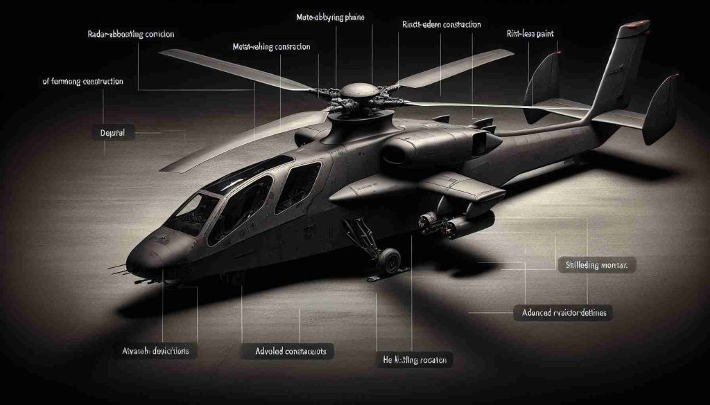 Produce a detailed, high-definition realistic image of a stealth helicopter, capturing its unique aerodynamic shape, matte black paint, rivet-less construction and advanced rotor systems. Please include annotations to mark the key design features that contribute to its stealth capabilities, such as radar-absorbing materials, shielded engine compartments, and noise-reducing rotor design.