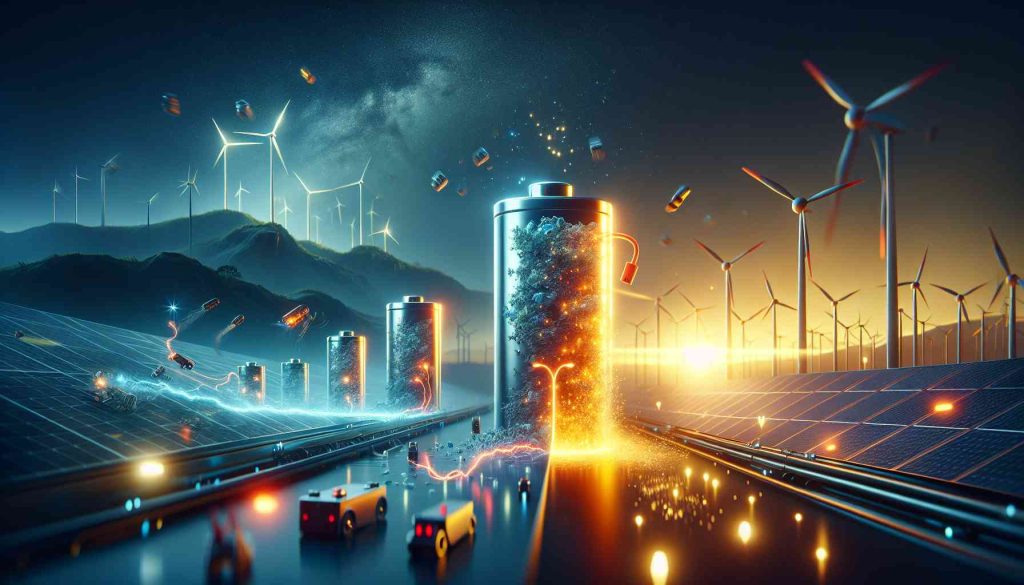 A high-definition realistic image showing the concept of the emergence of solid-state electric batteries. The scene should ideally represent a leap toward energy evolution. In the foreground, depict a traditional liquid-based battery, symbolizing the 'past'. Just behind it, show a solid-state battery, representing the 'present'. Farther back, envision futuristic energy sources that are more environmentally friendly and sustainable, representing the 'future'. These could include wind turbines, solar panels, etc., all bustling with energy and dynamism. Also, include some small animations like electricity sparks or glowing effects to demonstrate their operation. The overall tone should suggest positive progress and advancement in battery technology.