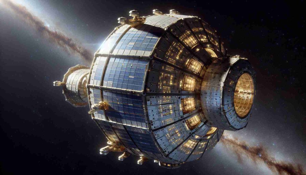 Realistically detailed high-definition image of the Tiangong: China's Heavenly Palace, a spacecraft in space. Capture its unique architecture, reflecting sunlight in the vacuum of space against a distant backdrop of sparkling stars.