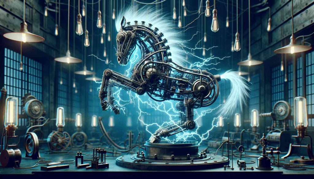 Generate a realistic high-definition image showing an abstract concept of exploring the electrical muscle, envisioned through the lens of Nikola Tesla's revolutionary work in electromagnetism. Picture this as a powerful mechanical horse, its body composed of intertwining wires, bolts of electricity running through them, in a setting akin to a laboratory of the late 19th century, with Tesla's inventions scattered around.