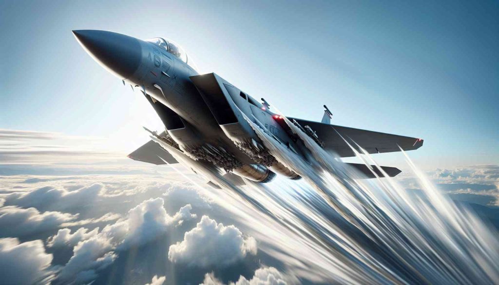 Generate a realistic, high-definition image of Boeing's F-15EX Eagle II, a superior fighter jet, as it shatters speed expectations on its debut flight. It should be airborne, soaring dramatically against the backdrop of a clear, bright, and expansive sky. The aircraft should be tilted slightly upwards, cutting through the air at impressive velocity. One should be able to discern the streamlined design, large twin engines, and imposing underbelly of weaponry, speaking volumes about its advanced technical capabilities.