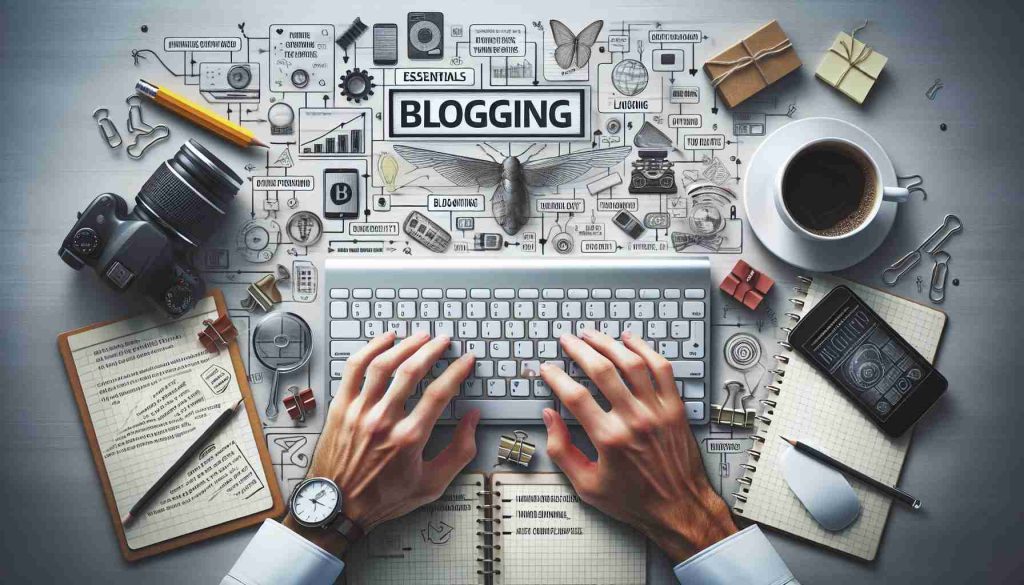 A realistic, high-definition image showing the essentials of blogging, personified as a metaphorical introduction to the 'digital diary'. The image should include a computer with a blogging platform open, hands typing on the keyboard, a cup of coffee nearby for the long writing sessions, and various notes scattered around with ideas for blog entries. All of these elements capture the primary aspects of the blogging process.