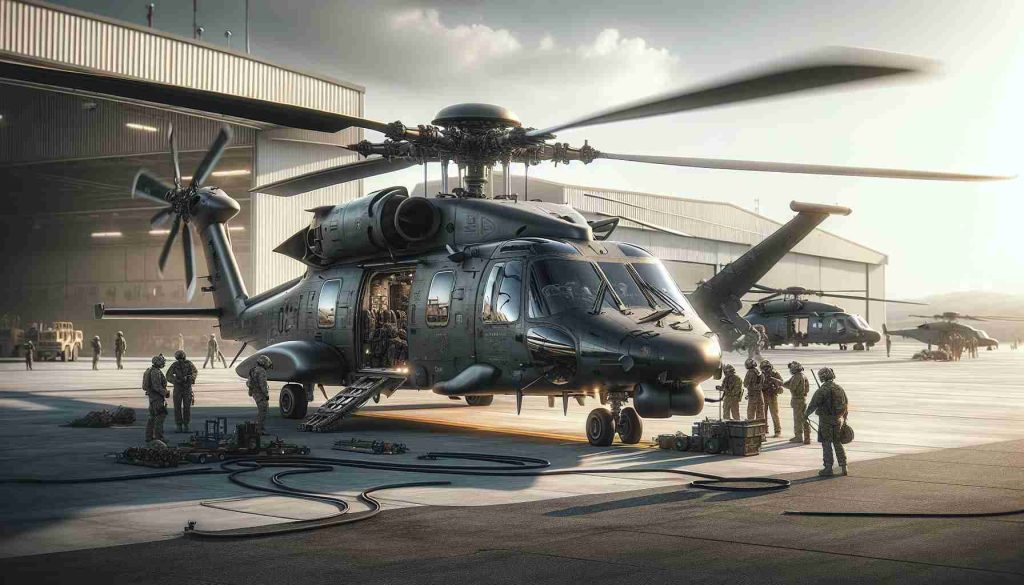 A detailed, high-definition image of the MH-139A Grey Wolf helicopters, preparing for takeoff. The helicopters are state-of-the-art, their steel bodies reflecting the sunlight. On the ground, crew members are performing final checks, ensuring the safety and readiness of the aircraft. The rotor blades move sluggishly, gearing up to spin at unimaginable speeds. The setting is an air force base, with a clear sky above and the hangars in the background.