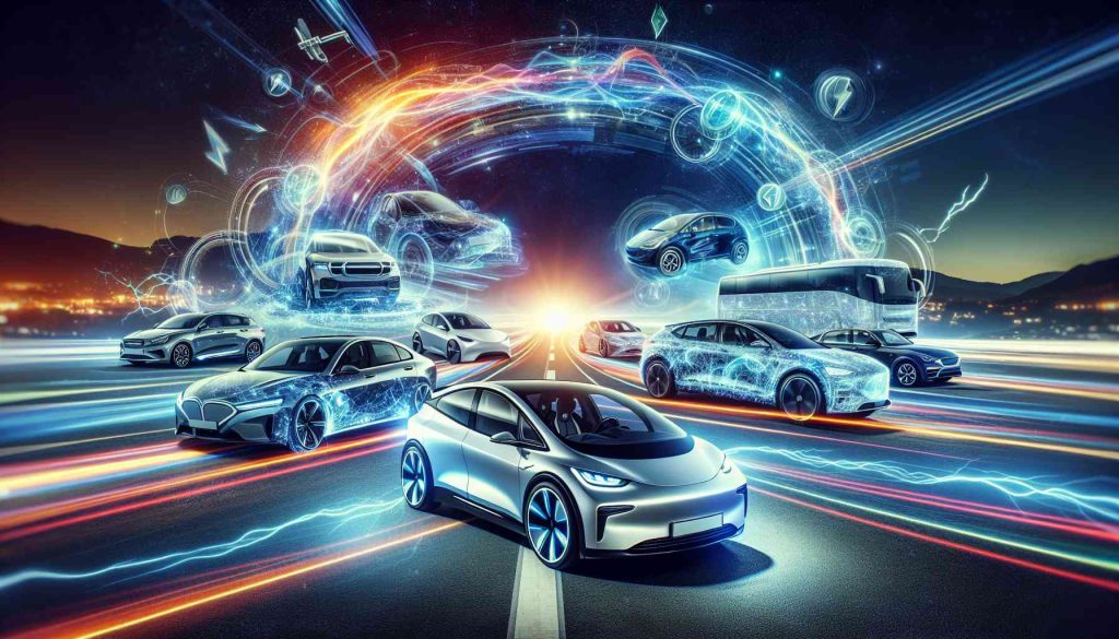 Generate a high-definition, realistic image depicting a thematic representation of the electric car revolution. The image should contain visually appealing and futuristic electric cars on a dynamically illuminated road, signifying the electrification of transportation. Include a few top models of electric cars to represent the leading contenders in this revolution. Surround them with vibrant energy arcs to symbolize the notion of electrifying the road.