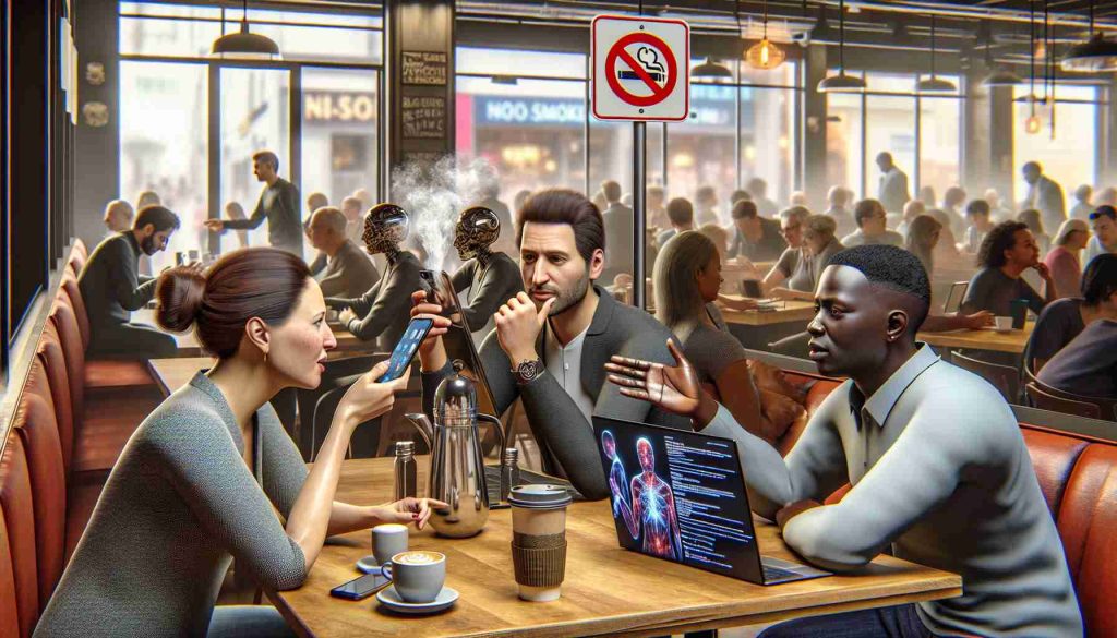 A hyper-realistic high-definition cafe setting where three diverse individuals are deep in a passionate discussion. One of them, a Caucasian woman, is holding a smartphone and gesticulating, possibly illustrating a point about the selfie phenomenon. Across the table, a South Asian man is nodding, pensively holding a no-smoking sign, which suggests that smoking policies are a part of this discussion. Seated next to him is a Black woman with a sleek laptop displaying a screen related to Artificial Intelligence. The background shows a bustling cafe, filled with other patrons engrossed in their own world, blurring to generate a depth-of-field effect.