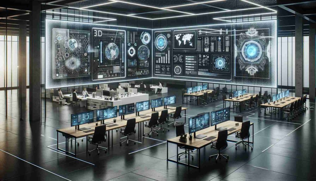 A high-definition, realistic image showcasing the innovative technology aesthetic of a leading tech company. The image features a futuristic office environment with cutting-edge devices distributed throughout. There are state-of-the-art workstations and meeting rooms, visible design blueprints and prototypes, and LED screens displaying advanced coding, analytics and data visualization.