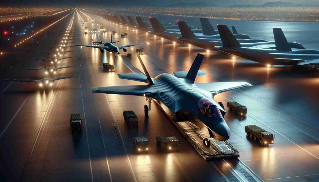 Realistic high-definition depiction of global deliveries taking place of an advanced military jet aircraft resembling the F-35 Lightning II. The scene includes a series of jets being loaded onto large cargo planes at dusk. The cargo planes are in the process of taking off from a bustling airfield. The lights from the runway are reflecting off the metallic surface of the planes, setting a unique aura around the place, symbolizing the onset of new standards in combat aircraft distribution.