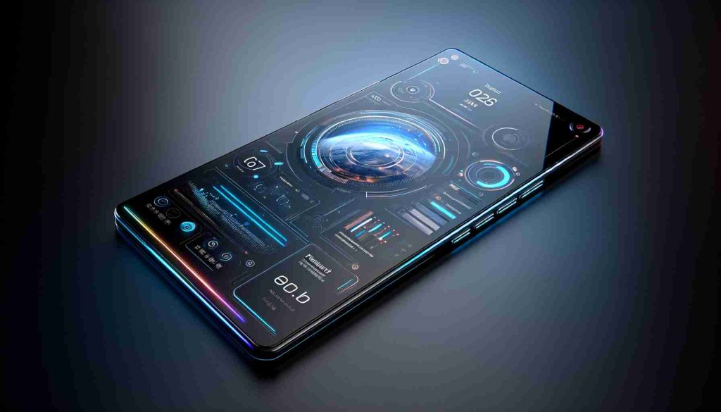 A high-definition realistic image of a generic futuristic smartphone manufacturer's model 7 device. The design should include cutting-edge technology features such as a sleek bezel-less display, enhanced camera lens at the back, and an integrated fingerprint sensor on the screen. The material of the phone should be of a glossy, gradient finish with a unique color blend. Also, incorporate some advanced UI elements on the screen showcasing the operating system's highlights.