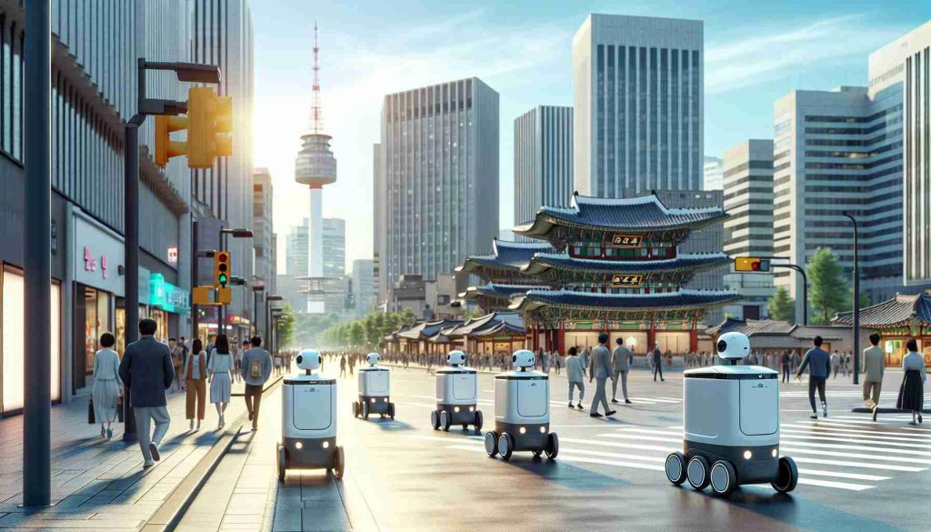 Realistically detailed HD image of Seoul city under a bright morning sky. As a new law goes into effect, robotic couriers can be seen bustling around the city. On the sidewalks, small autonomous delivery robots mingle with pedestrians, nimbly dodging obstacles and stopping at traffic lights. Surrounding them are iconic skyscrapers and traditional Korean architecture. People are mostly gazing curiously at these modern couriers, some snapping photos with their phones, bringing an atmosphere of a futuristic city.