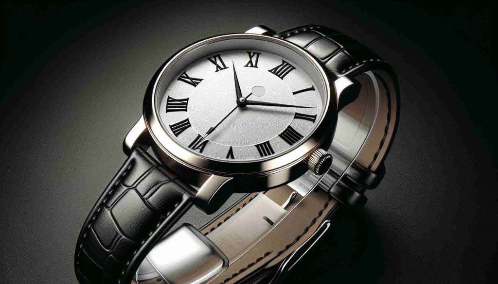Create a high-definition, realistic image of an elegant luxury wristwatch. Pay immense attention to the detailing, including a sleek metallic finish and a white circular dial in the center. The watch strap is made of pure black leather and it contains Roman numerals for the hour markers. The brand name isn't depicted to avoid copyright issues; focusing instead on the elegance and luxury associated with a high-end timepiece.