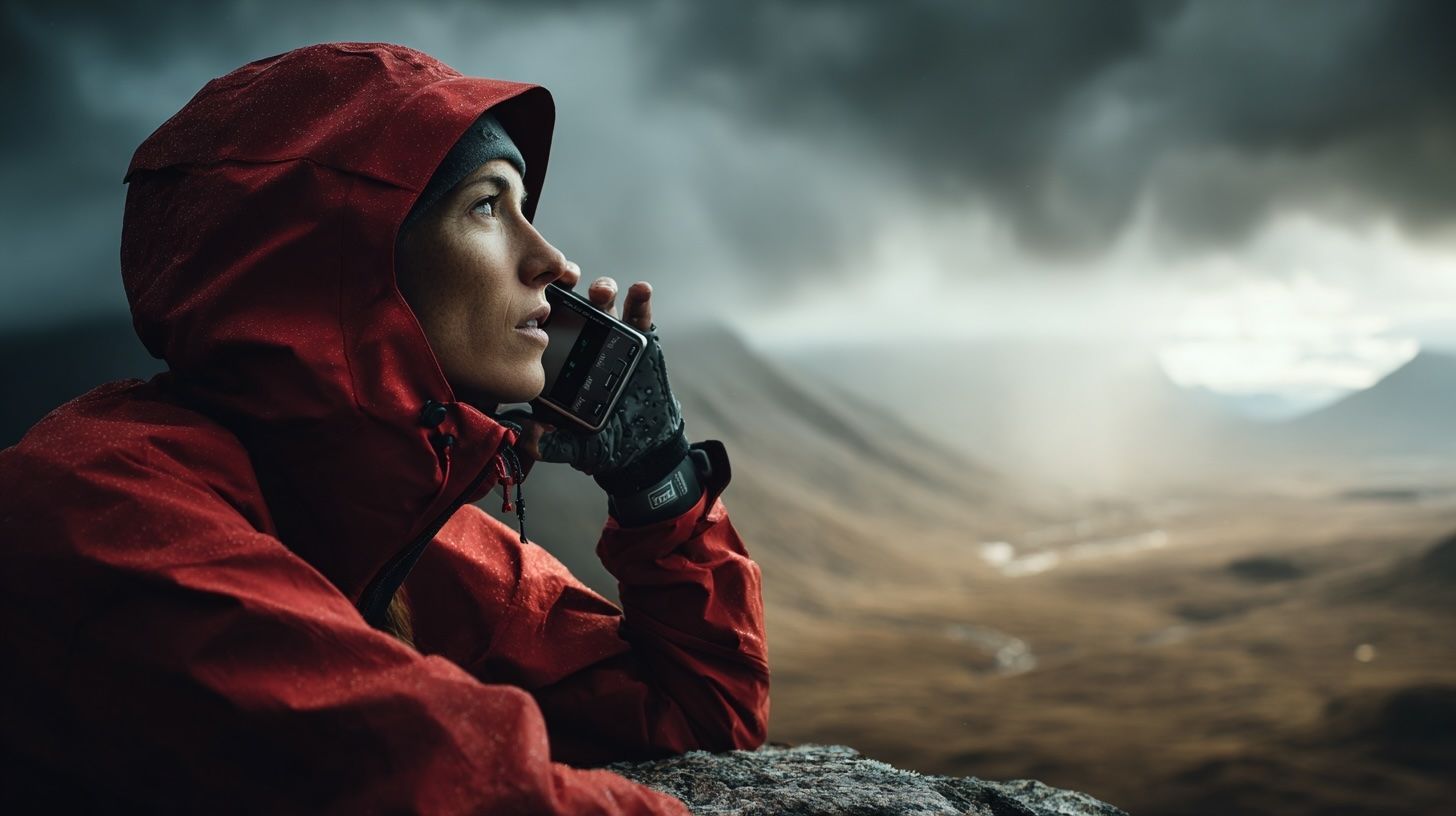 Field operator using a satellite phone in a remote mountain environment