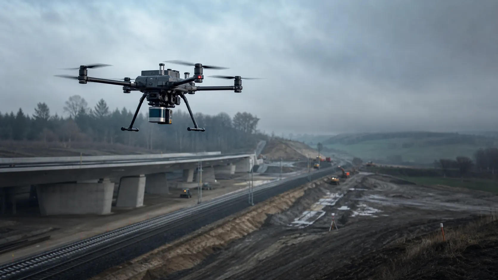 Drone de cartographie pour entreprises équipé d’un capteur LiDAR au-dessus d’un projet d’infrastructure ferroviaire