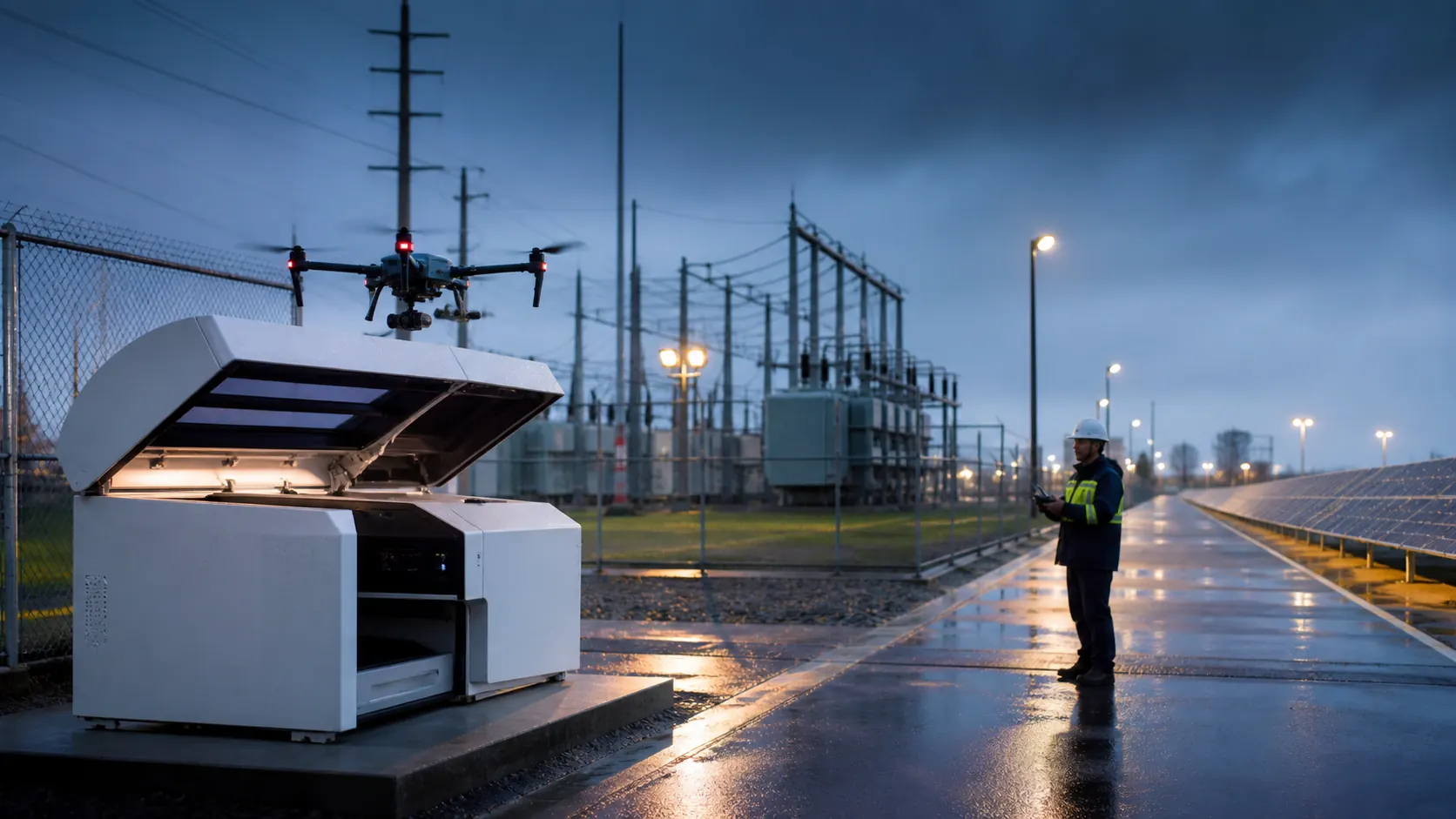 Autonomous inspection drone returning to a dock beside energy infrastructure
