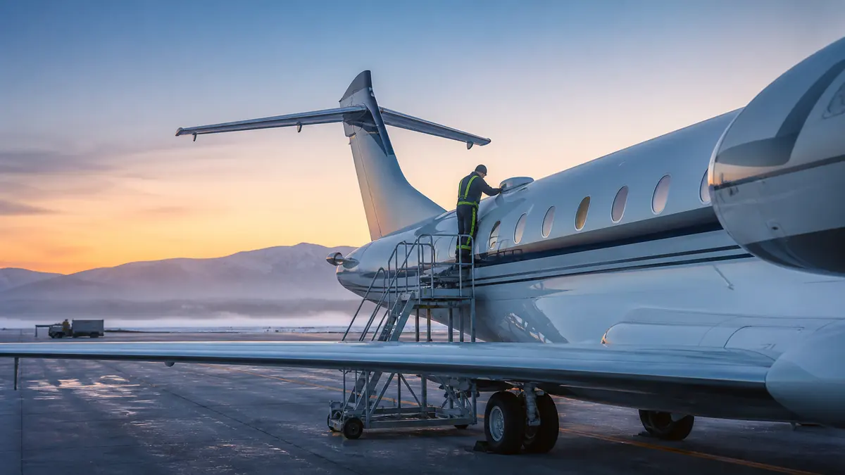 Engineer inspecting a satellite installation on a business aircraft