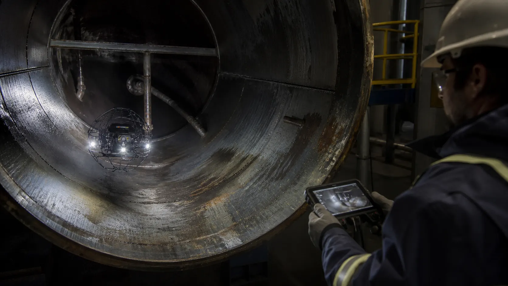 Collision-tolerant inspection drone operating inside a steel industrial vessel