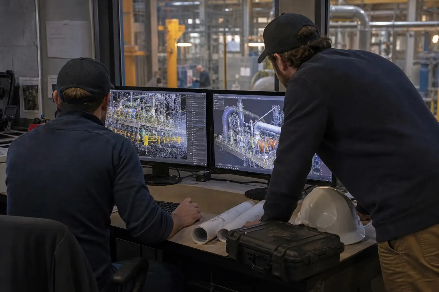 Engineers reviewing a point-cloud model of an industrial facility