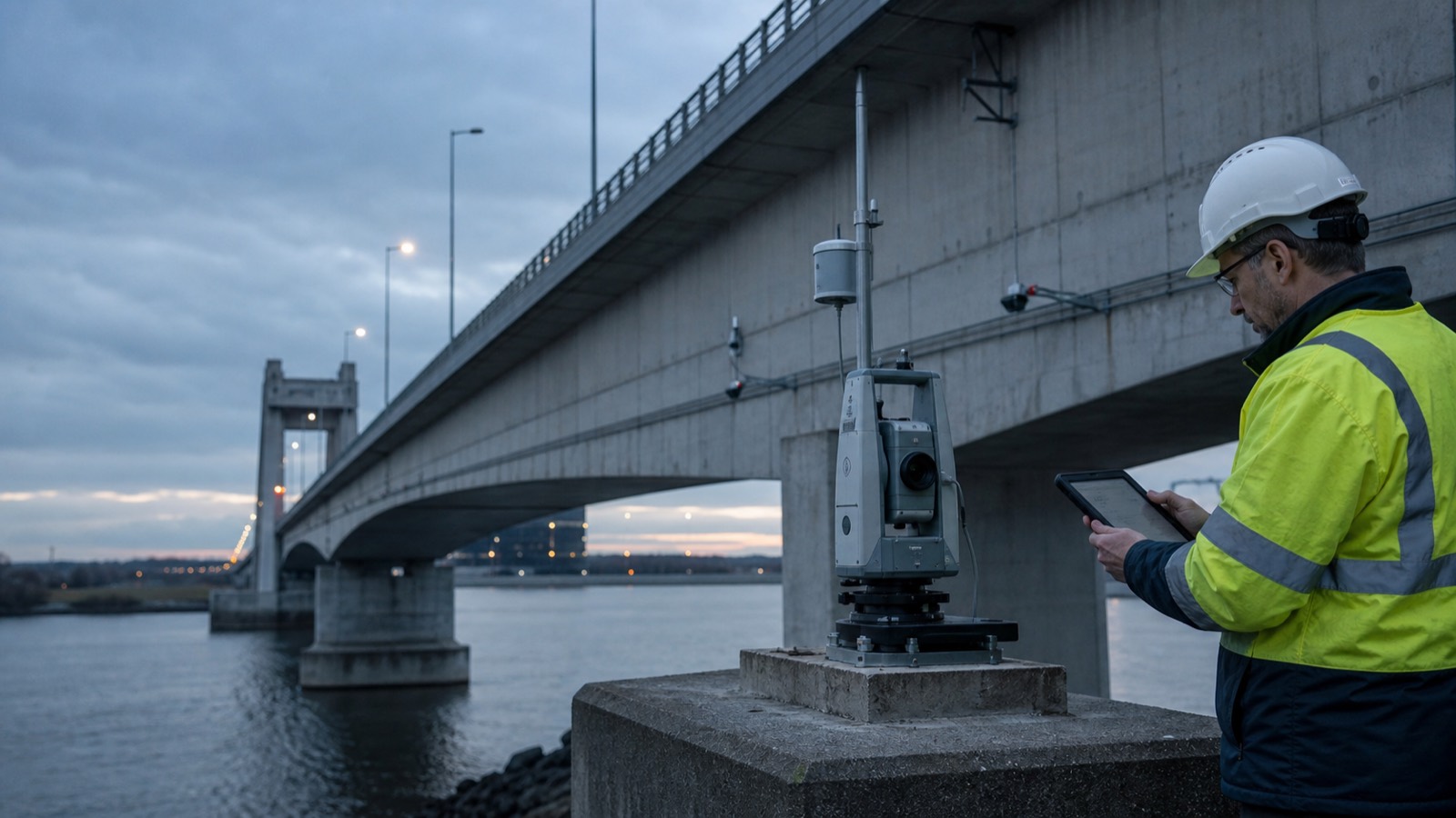 Engineer checking an automated bridge deformation monitoring installation