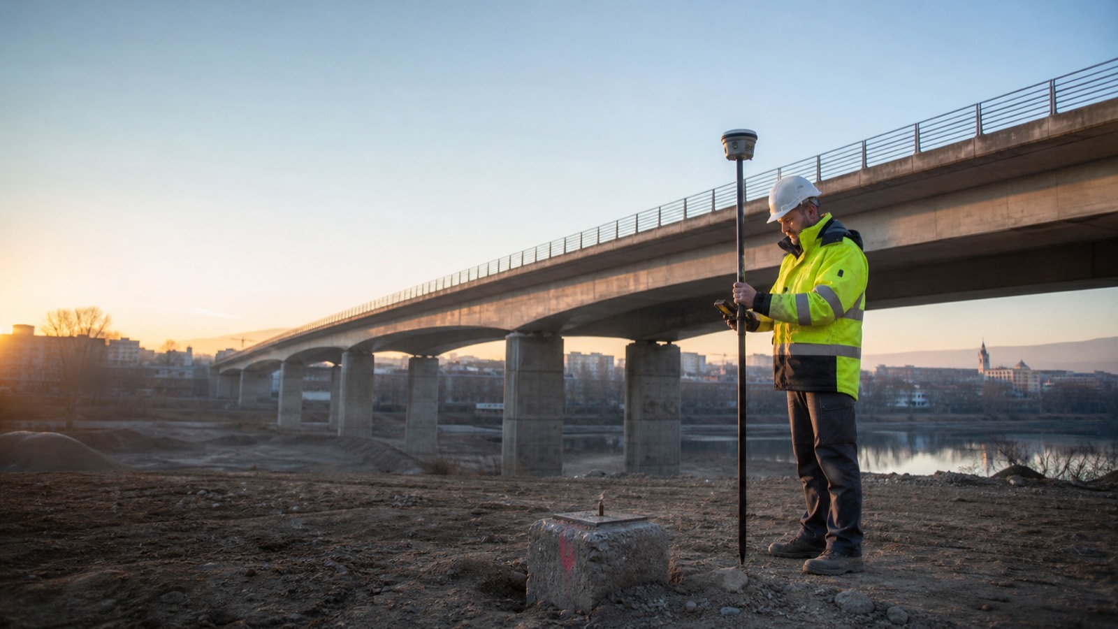 Survey control being established beside a bridge project