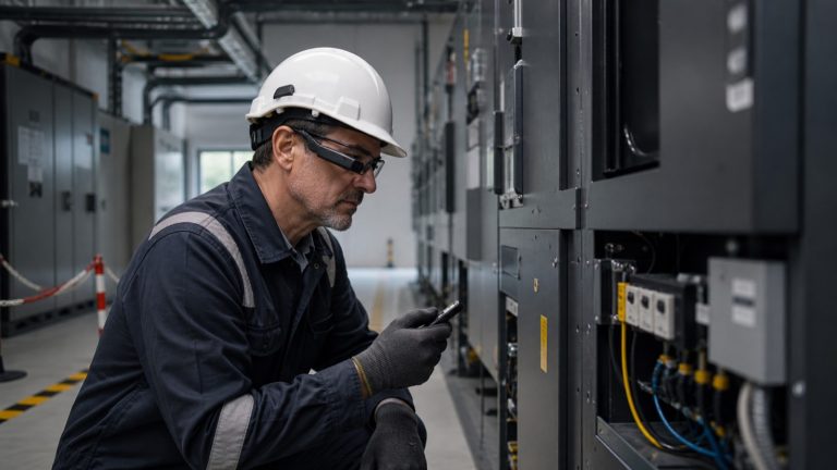 Maintenance technician using industrial smart glasses during an equipment inspection