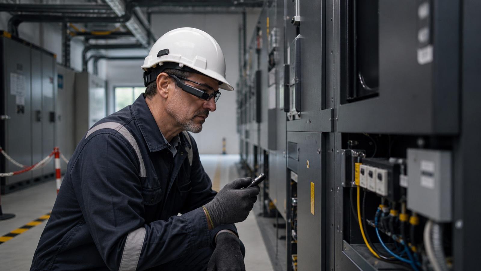 Field technician using rugged wearable computing during equipment maintenance