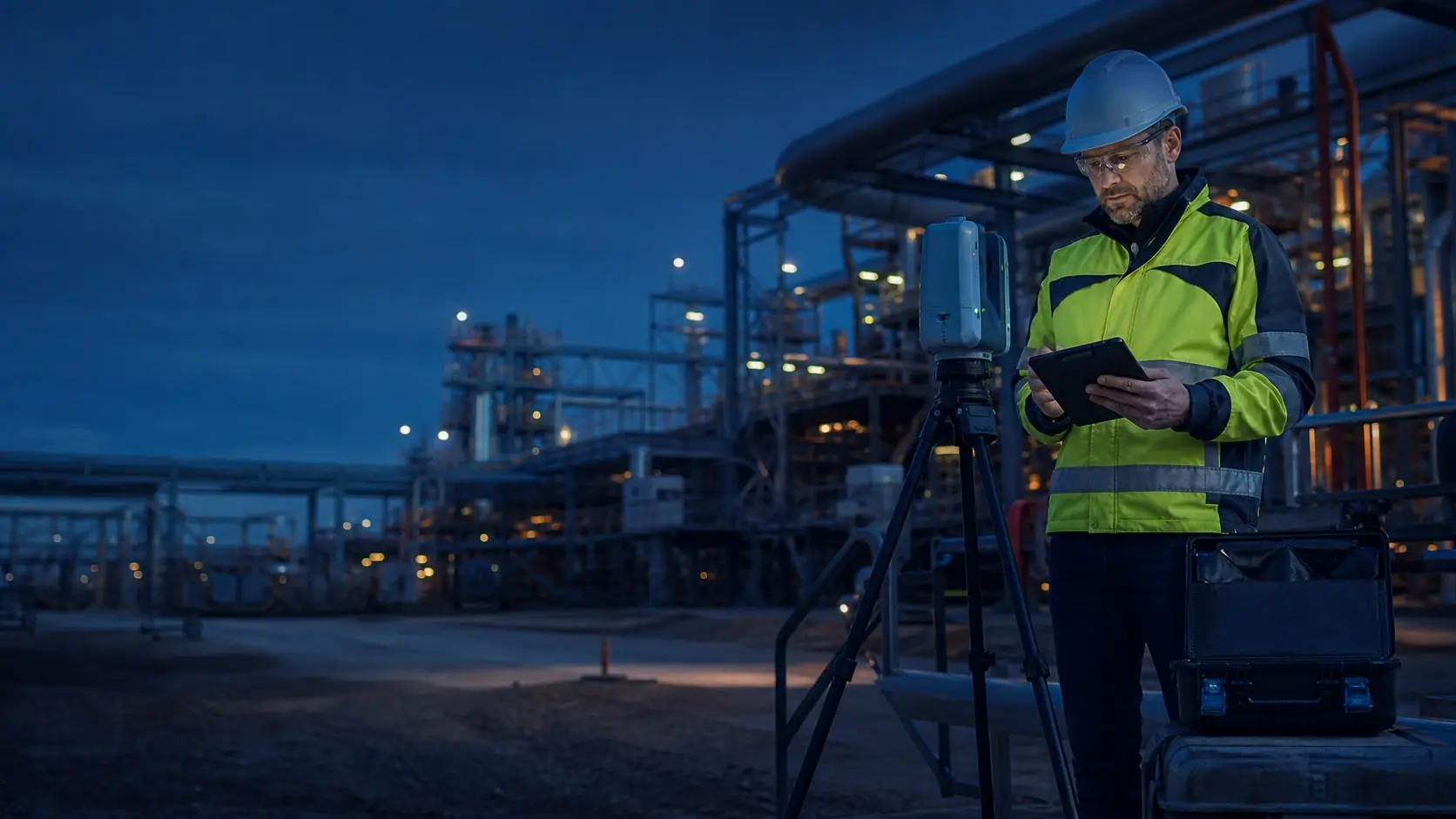 Engineer operating industrial surveying equipment at a process facility