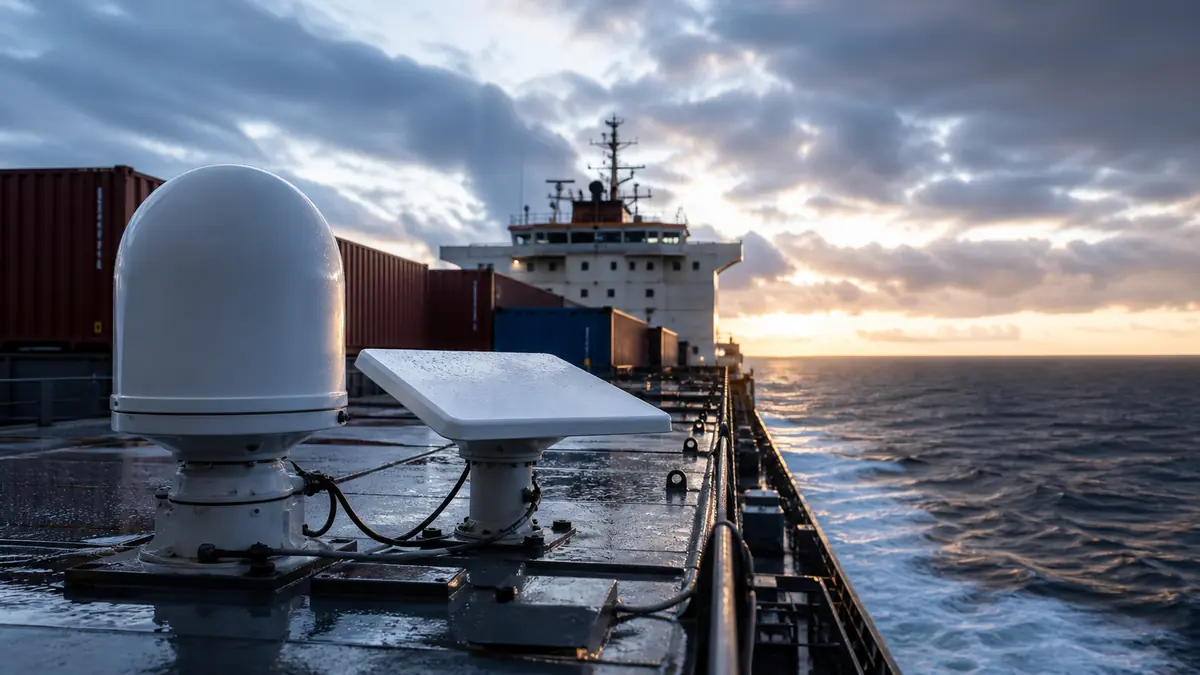 Maritime radome and flat-panel satellite antennas aboard a commercial vessel