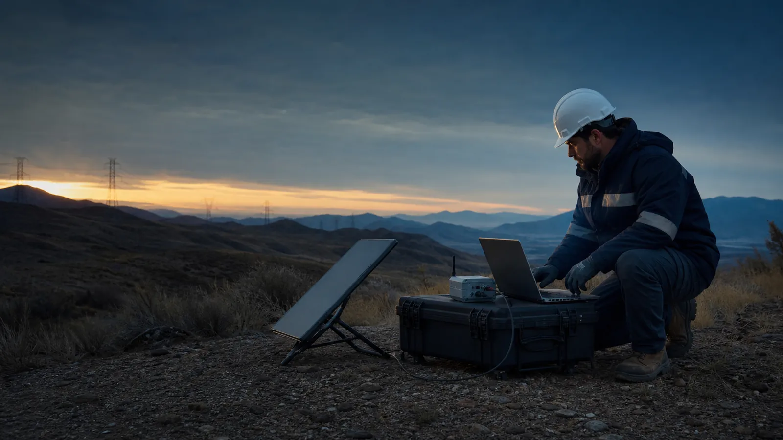 Field engineer deploying a portable satellite and network kit