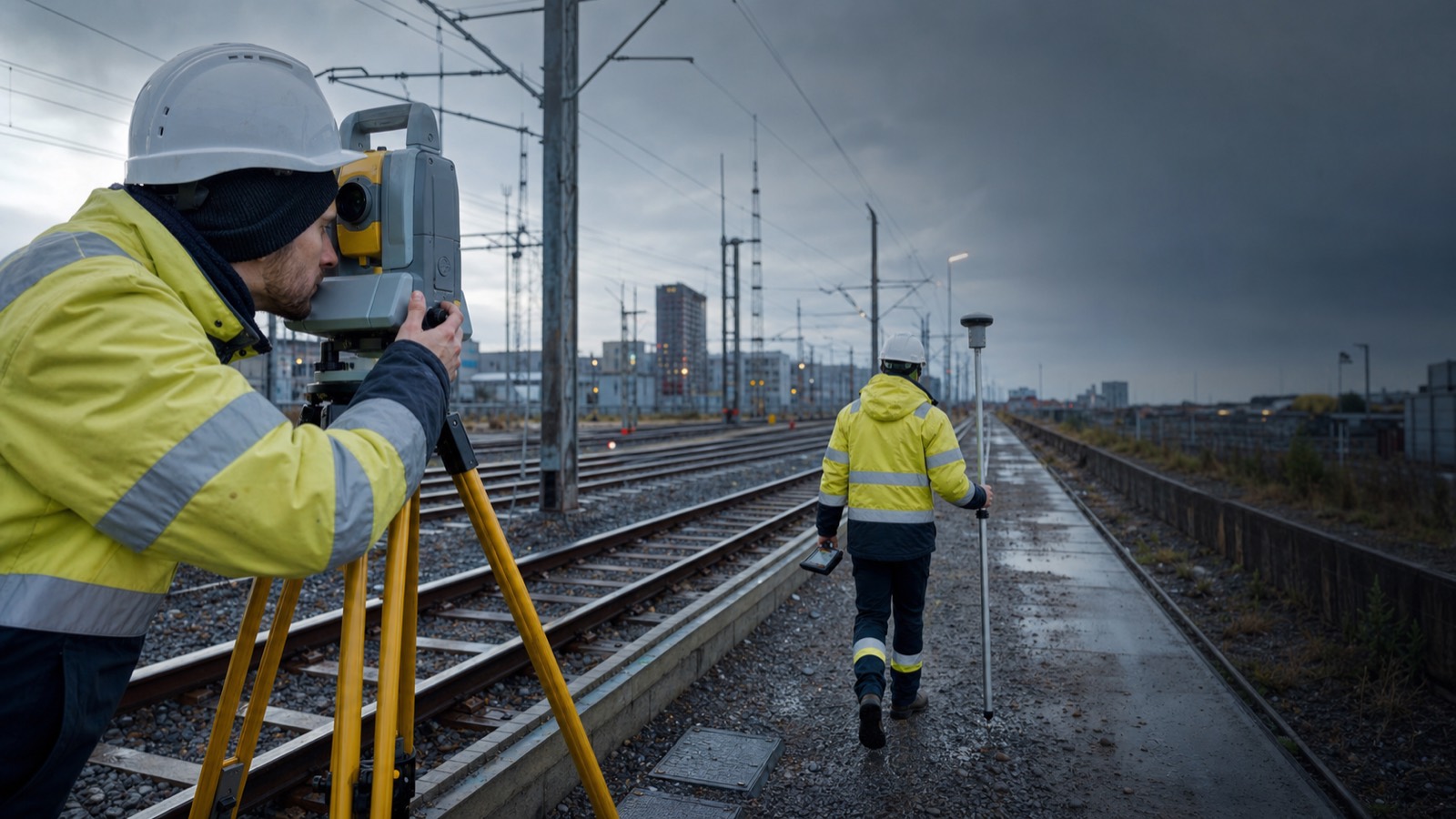 Surveyors using a robotic total station and GNSS rover on a railway infrastructure project