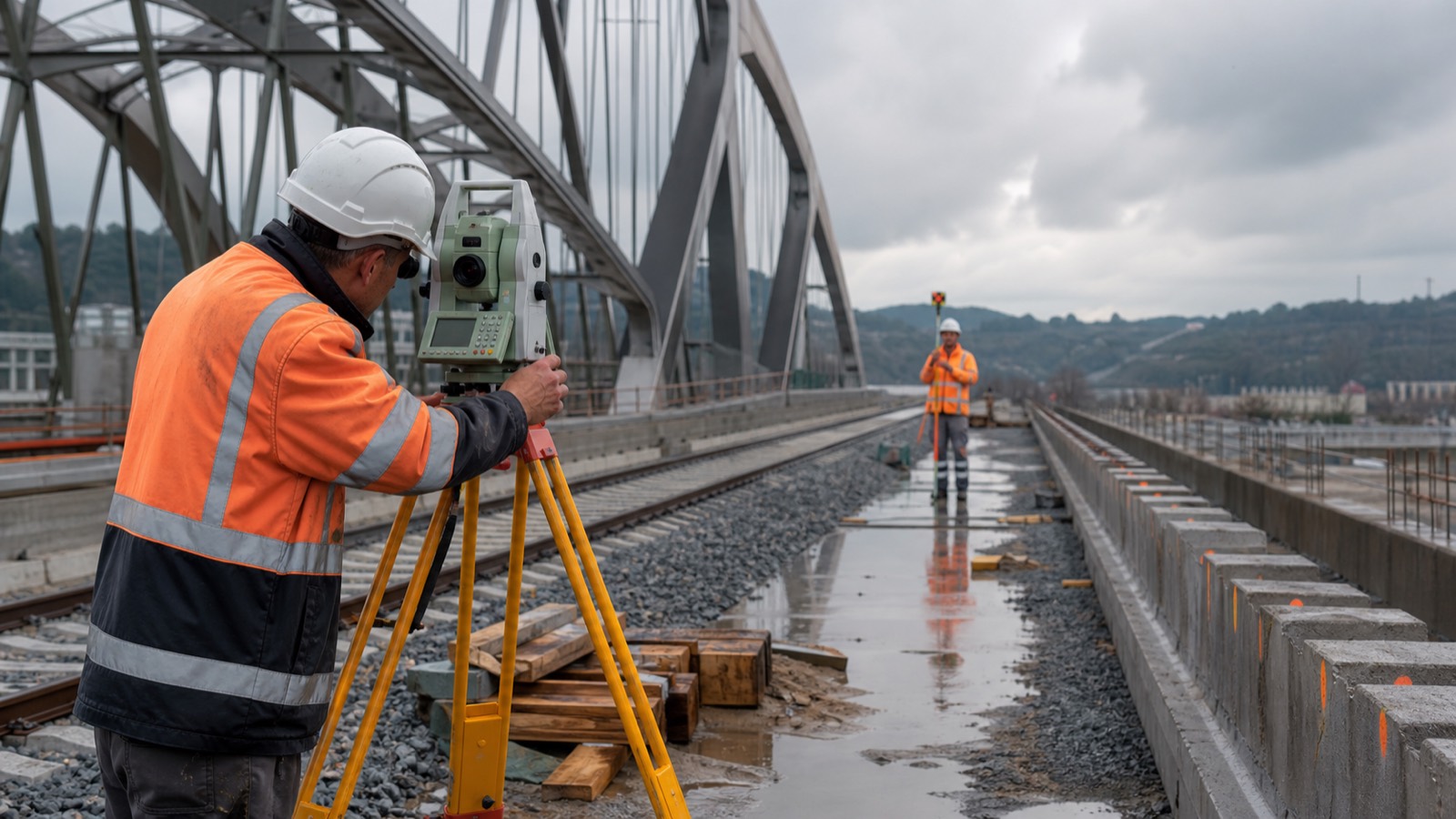 Surveyors using a total station for railway construction layout