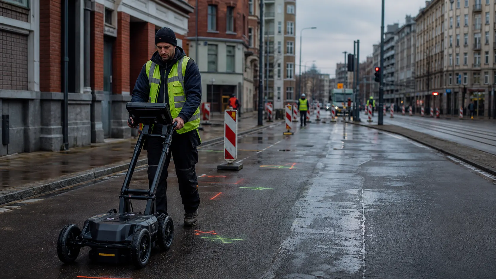 Surveyor operating a ground-penetrating radar system on a city infrastructure project